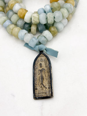 aquamarine gemstone mala necklace with vintage brass pendant | radiant malas | handmade in boulder, colorado