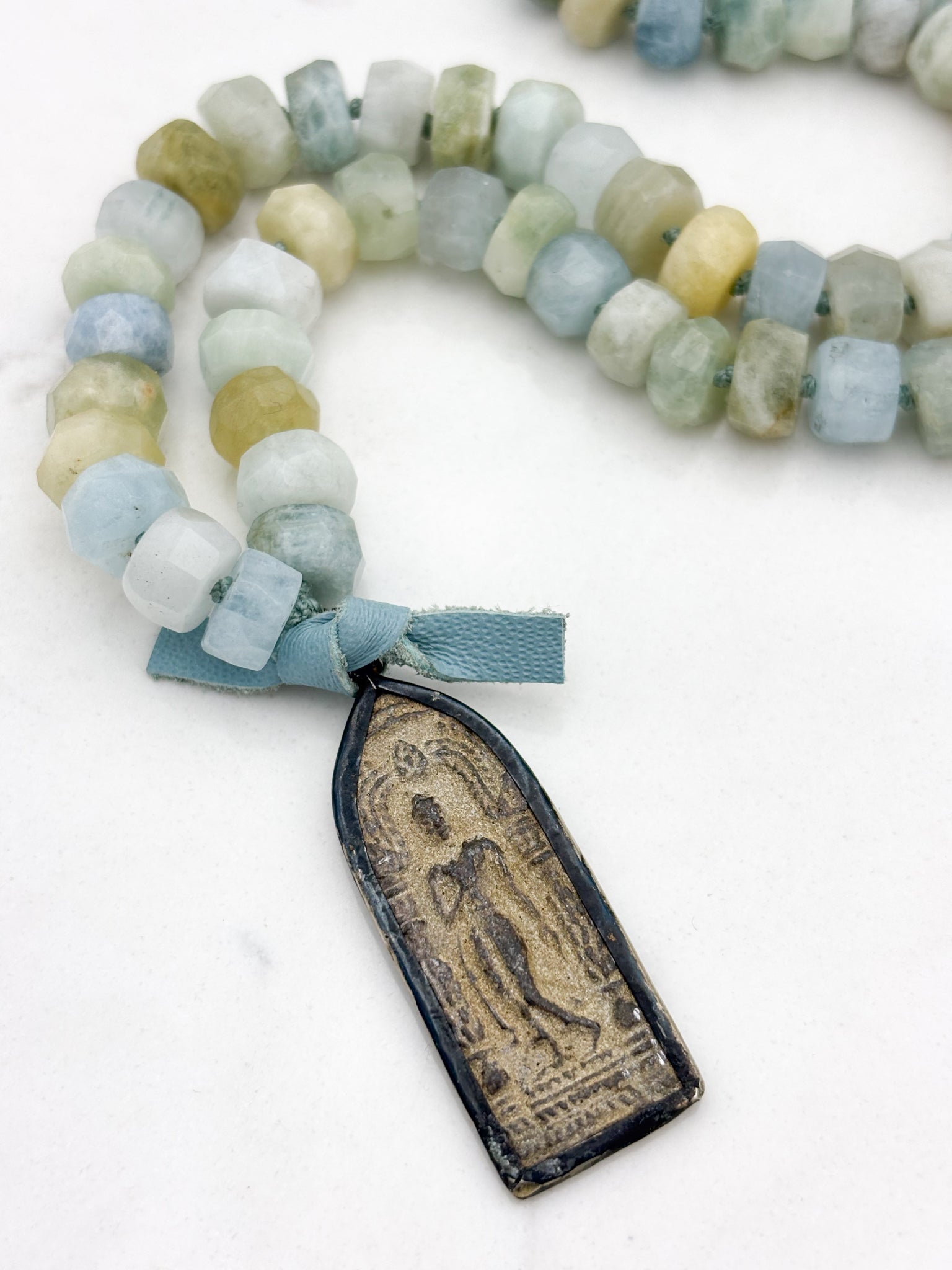 aquamarine gemstone mala necklace with vintage brass pendant | radiant malas | handmade in boulder, colorado