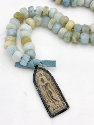 aquamarine gemstone mala necklace with vintage brass pendant | radiant malas | handmade in boulder, colorado