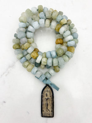 aquamarine gemstone mala necklace with vintage brass pendant | radiant malas | handmade in boulder, colorado