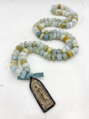 aquamarine gemstone mala necklace with vintage brass pendant | radiant malas | handmade in boulder, colorado