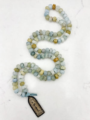 aquamarine gemstone mala necklace with vintage brass pendant | radiant malas | handmade in boulder, colorado