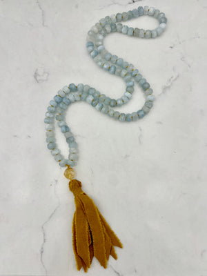 aquamarine crystal mala necklace | silk ribbon tassel | radiant malas | handmade in boulder, colorado