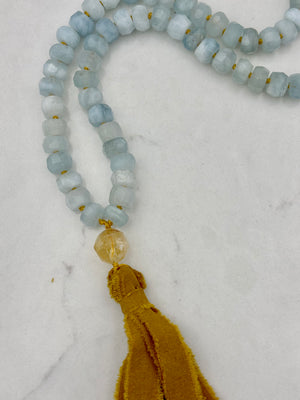 aquamarine crystal mala necklace | silk ribbon tassel | radiant malas | handmade in boulder, colorado