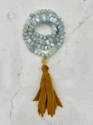 aquamarine crystal mala necklace | silk ribbon tassel | radiant malas | handmade in boulder, colorado