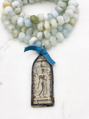 aquamarine gemstone mala necklace with vintage buddha amulet | radiant malas | handmade in boulder, colorado