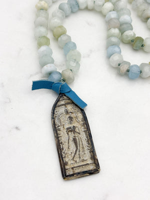 aquamarine gemstone mala necklace with vintage buddha amulet | radiant malas | handmade in boulder, colorado