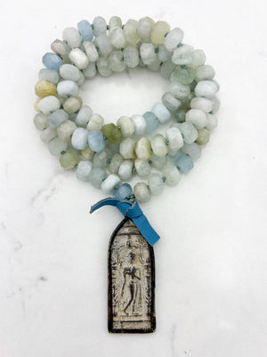 aquamarine gemstone mala necklace with vintage buddha amulet | radiant malas | handmade in boulder, colorado