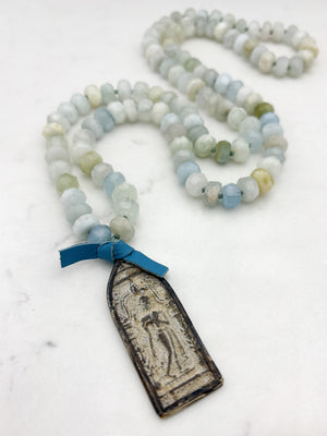 aquamarine gemstone mala necklace with vintage buddha amulet | radiant malas | handmade in boulder, colorado