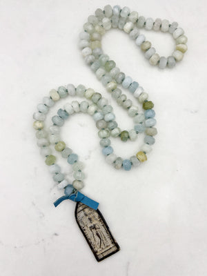aquamarine gemstone mala necklace with vintage buddha amulet | radiant malas | handmade in boulder, colorado