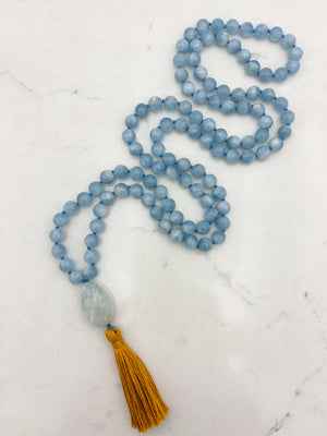 aquamarine gemstone mala with aquamarine guru bead and gold tassel | radiant malas | handmade in boulder, colorado