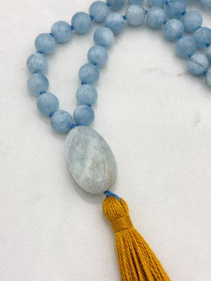 aquamarine gemstone mala with aquamarine guru bead and gold tassel | radiant malas | handmade in boulder, colorado