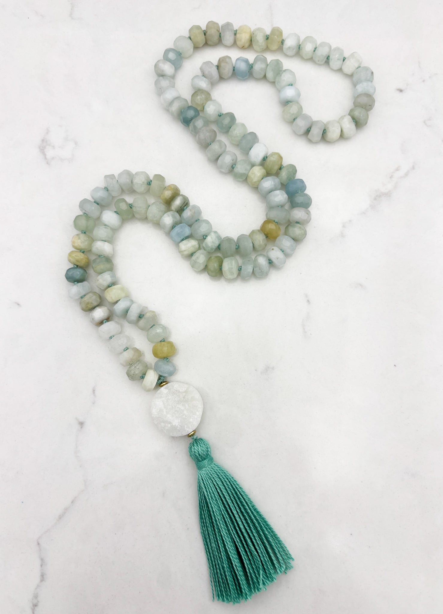aquamarine gemstone mala necklace with druzy quartz guru bead and teal green tassel | radiant malas | handmade in boulder, colorado