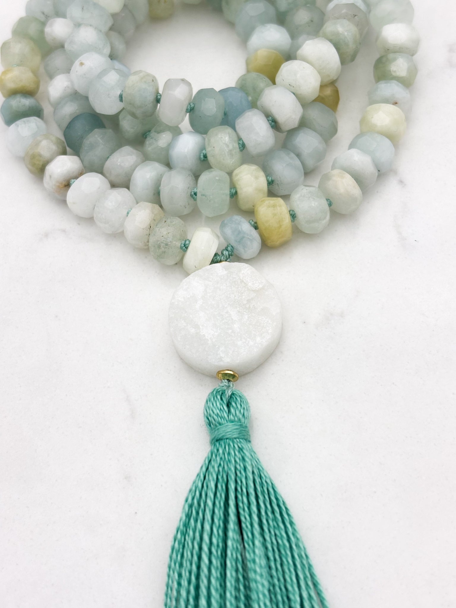 aquamarine gemstone mala necklace with druzy quartz guru bead and teal green tassel | radiant malas | handmade in boulder, colorado