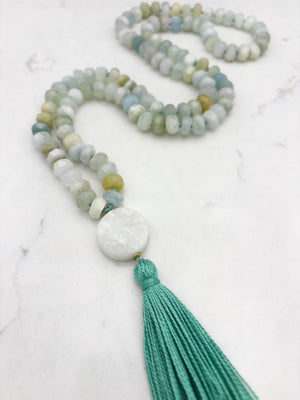 aquamarine gemstone mala necklace with druzy quartz guru bead and teal green tassel | radiant malas | handmade in boulder, colorado