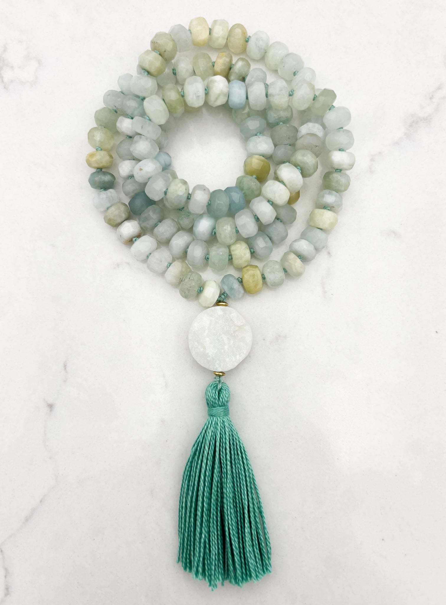 aquamarine gemstone mala necklace with druzy quartz guru bead and teal green tassel | radiant malas | handmade in boulder, colorado