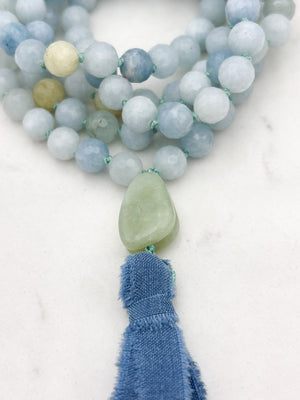 aquamarine gemstone mala with jade guru bead and blue silk tassel | radiant malas | handmade in boulder, colorado