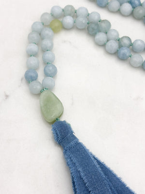 aquamarine gemstone mala with jade guru bead and blue silk tassel | radiant malas | handmade in boulder, colorado