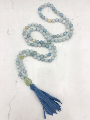 aquamarine gemstone mala with jade guru bead and blue silk tassel | radiant malas | handmade in boulder, colorado