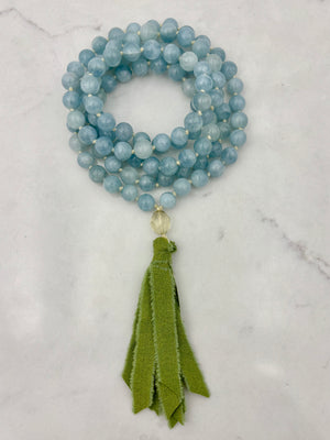 aquamarine gemstone mala necklace with silk tassel | radiant malas | handmade in boulder, colorado