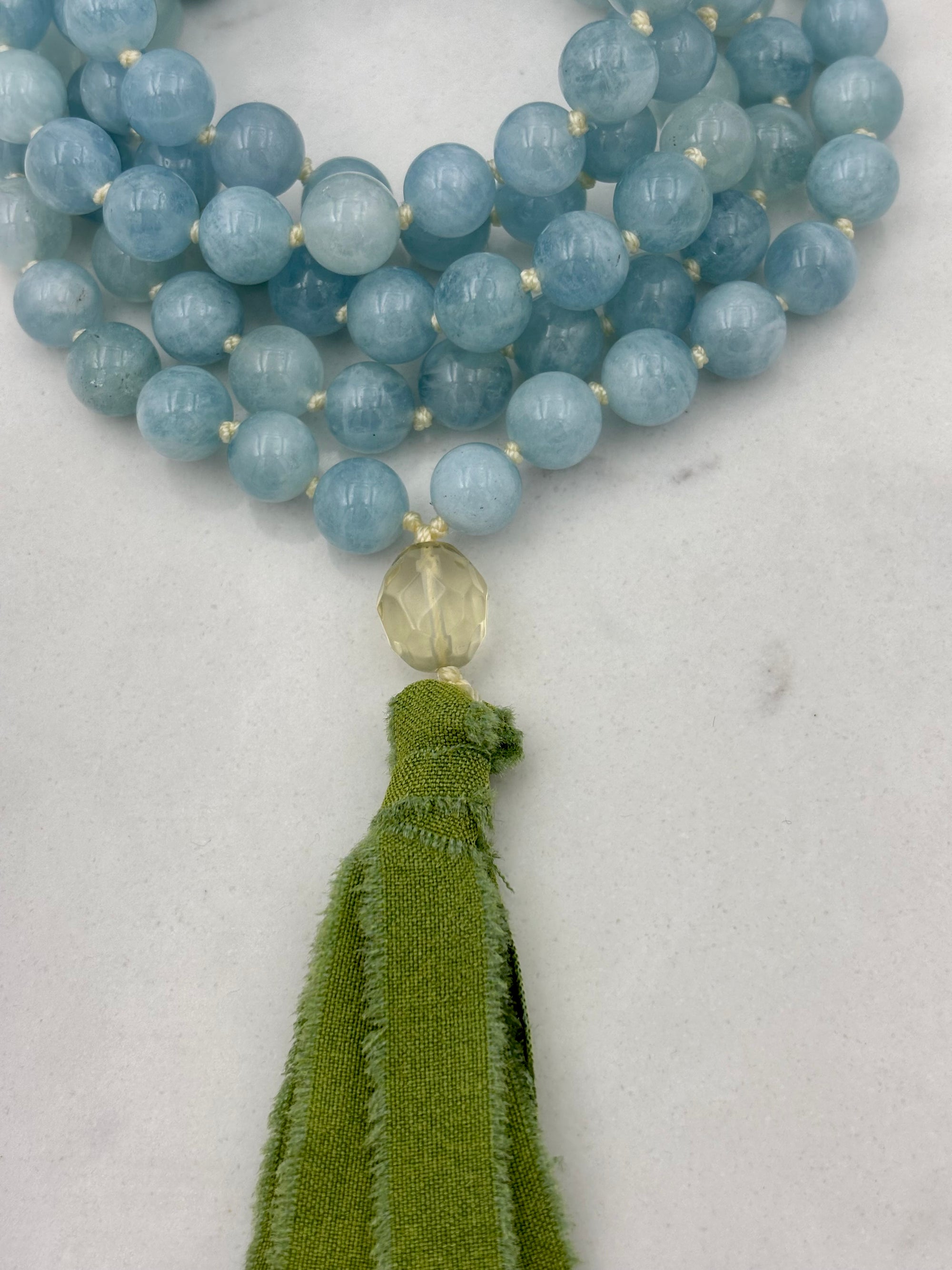 aquamarine gemstone mala necklace with silk tassel | radiant malas | handmade in boulder, colorado