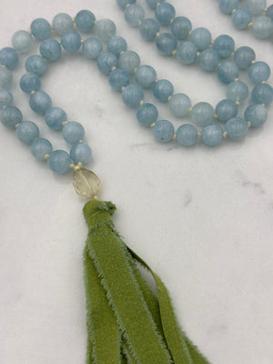 aquamarine gemstone mala necklace with silk tassel | radiant malas | handmade in boulder, colorado