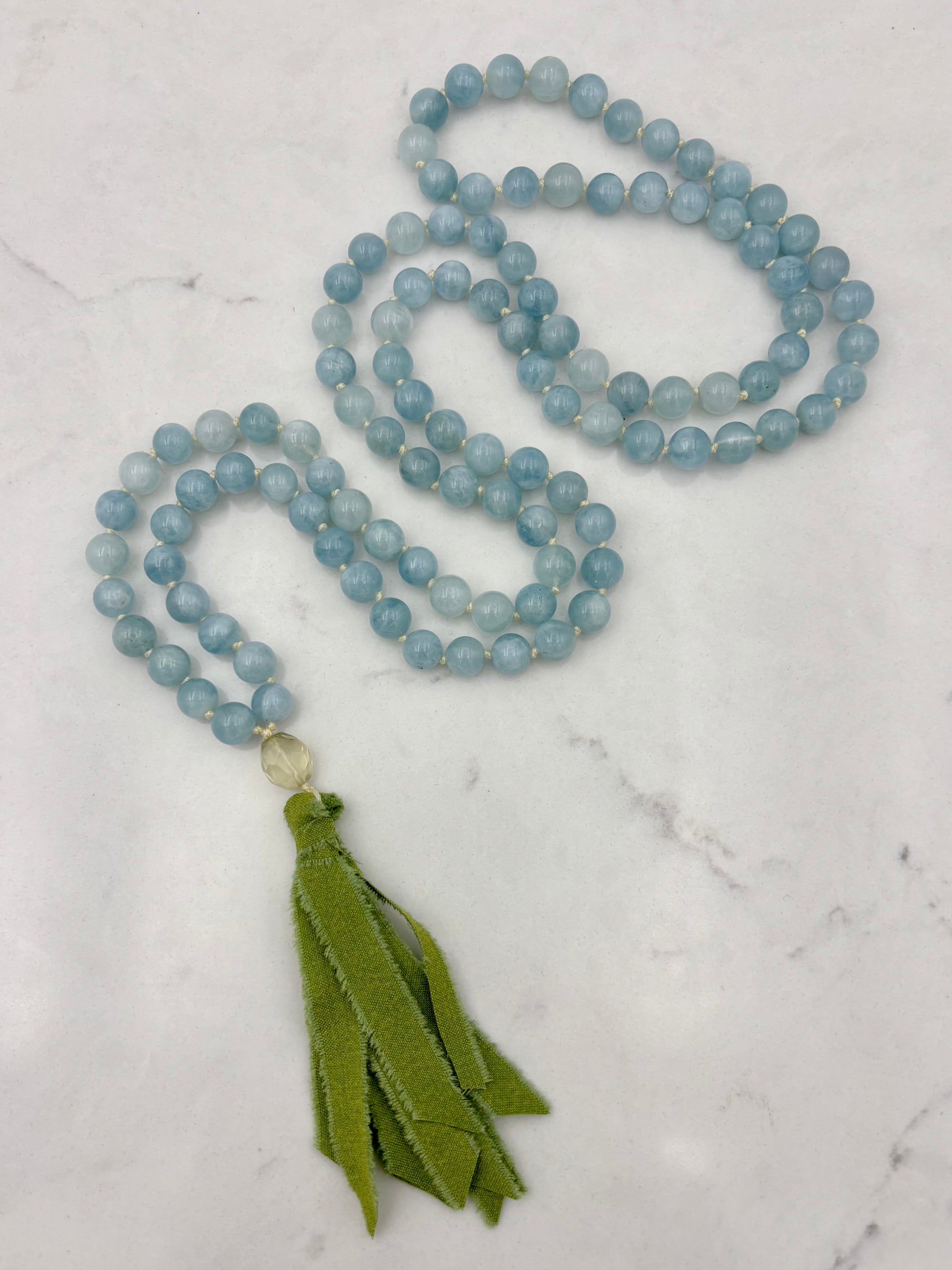 aquamarine gemstone mala necklace with silk tassel | radiant malas | handmade in boulder, colorado