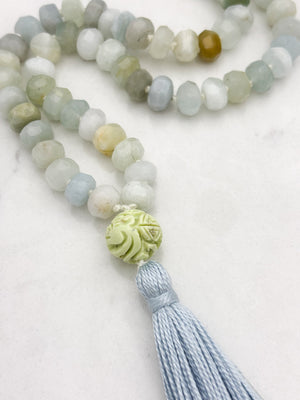 aquamarine gemstone mala necklace with lemon turquoise guru bead and blue tassel | radiant malas | handmade in boulder, colorado