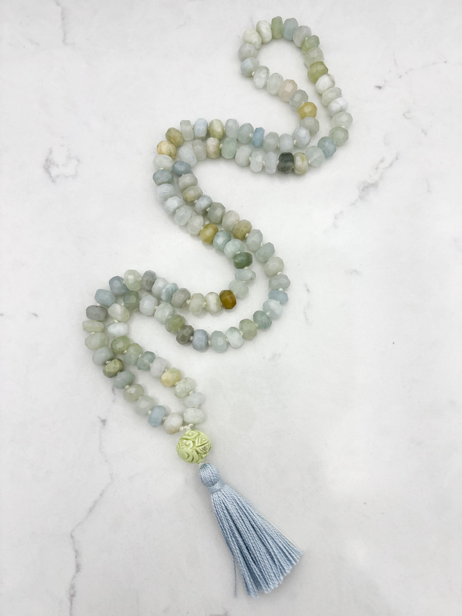 aquamarine gemstone mala necklace with lemon turquoise guru bead and blue tassel | radiant malas | handmade in boulder, colorado