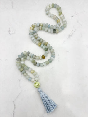 aquamarine gemstone mala necklace with lemon turquoise guru bead and blue tassel | radiant malas | handmade in boulder, colorado