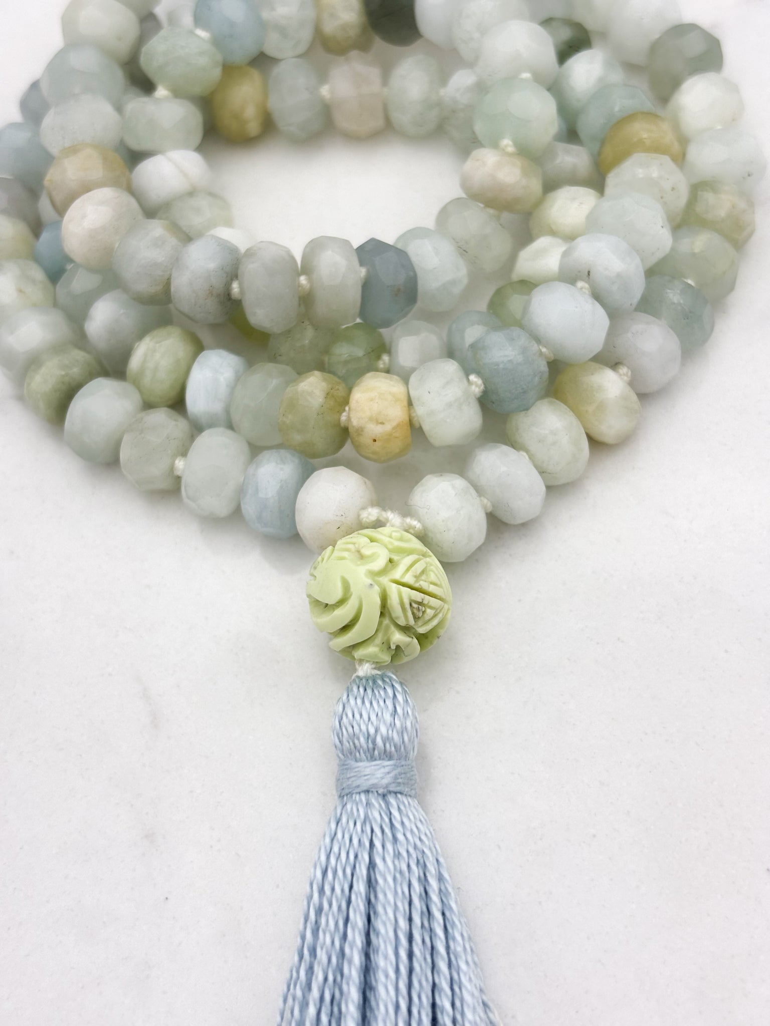 aquamarine gemstone mala necklace with lemon turquoise guru bead and blue tassel | radiant malas | handmade in boulder, colorado