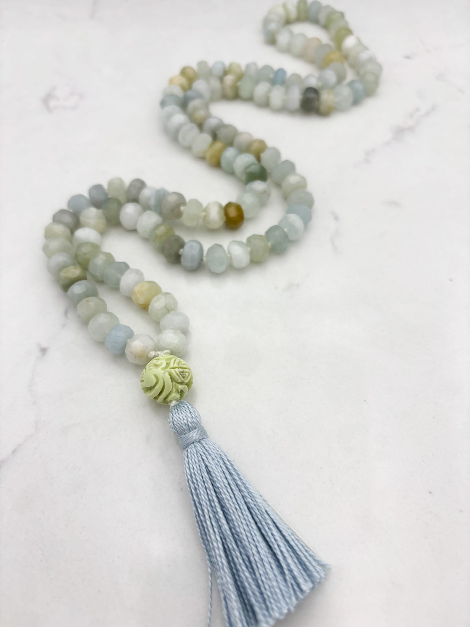 aquamarine gemstone mala necklace with lemon turquoise guru bead and blue tassel | radiant malas | handmade in boulder, colorado