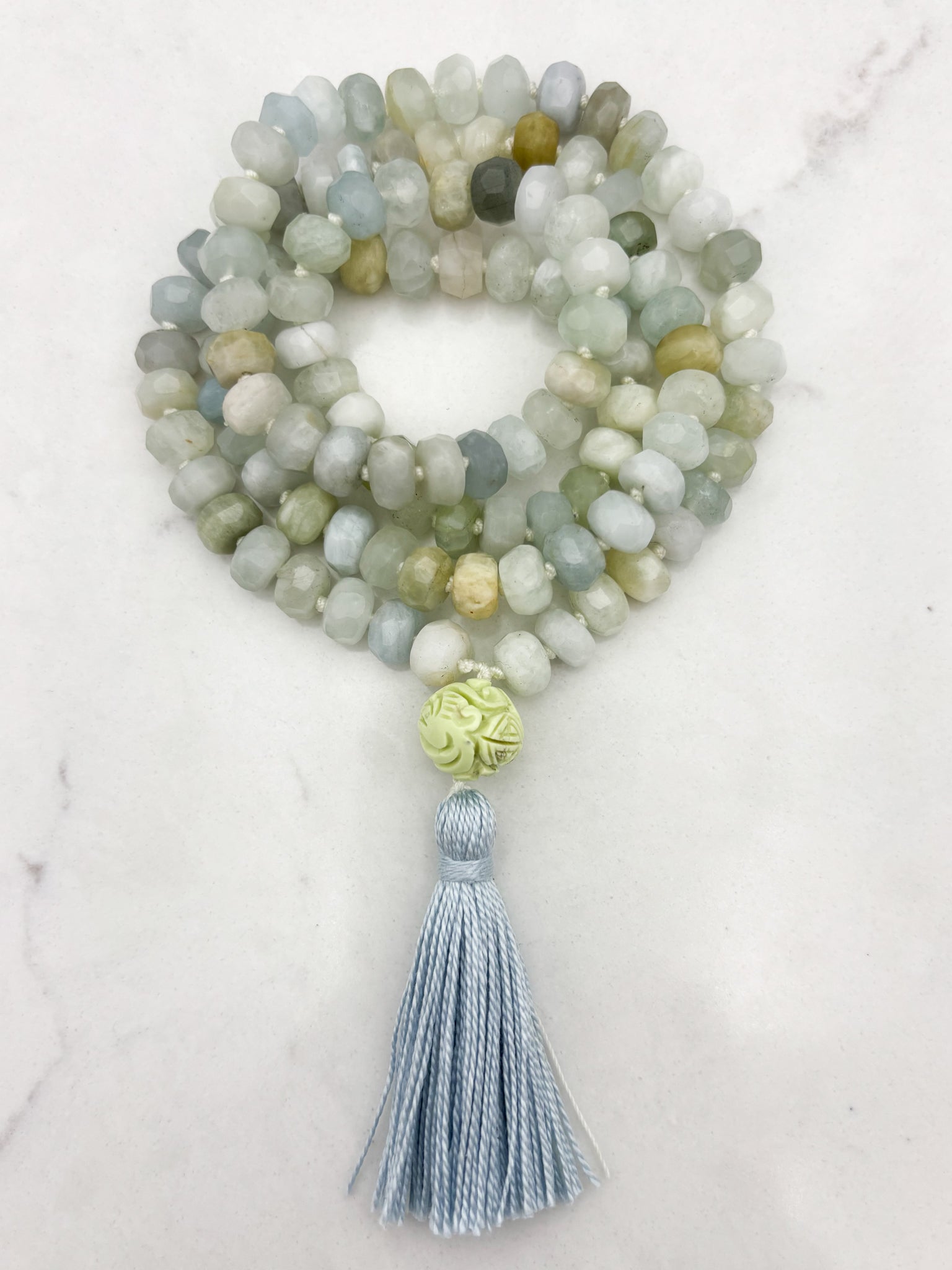 aquamarine gemstone mala necklace with lemon turquoise guru bead and blue tassel | radiant malas | handmade in boulder, colorado