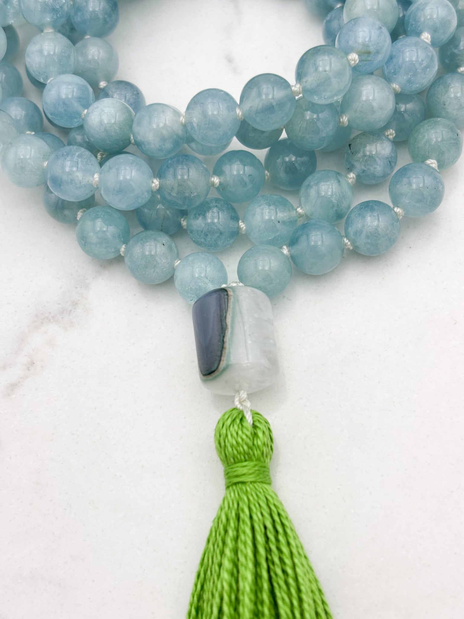 aquamarine gemstone mala with phantom quartz guru bead and green tassel | radiant malas | handmade in boulder, colorado