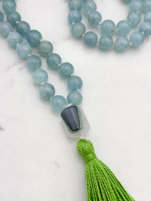 aquamarine gemstone mala with phantom quartz guru bead and green tassel | radiant malas | handmade in boulder, colorado