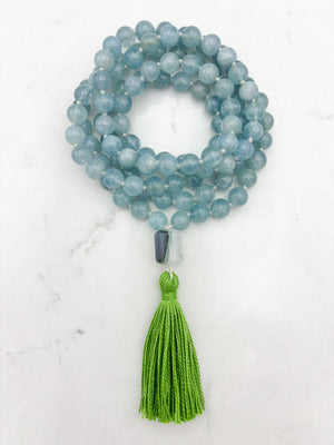 aquamarine gemstone mala with phantom quartz guru bead and green tassel | radiant malas | handmade in boulder, colorado