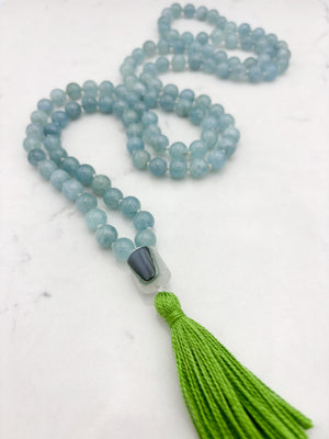 aquamarine gemstone mala with phantom quartz guru bead and green tassel | radiant malas | handmade in boulder, colorado