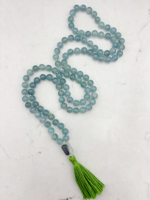 aquamarine gemstone mala with phantom quartz guru bead and green tassel | radiant malas | handmade in boulder, colorado