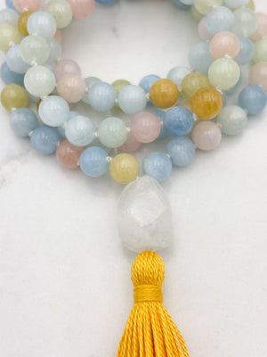 aquamarine gemstone mala with rock quartz guru bead and yellow tassel | radiant malas | handmade in boulder, colorado