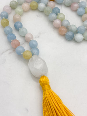 aquamarine gemstone mala with rock quartz guru bead and yellow tassel | radiant malas | handmade in boulder, colorado