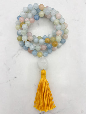 aquamarine gemstone mala with rock quartz guru bead and yellow tassel | radiant malas | handmade in boulder, colorado