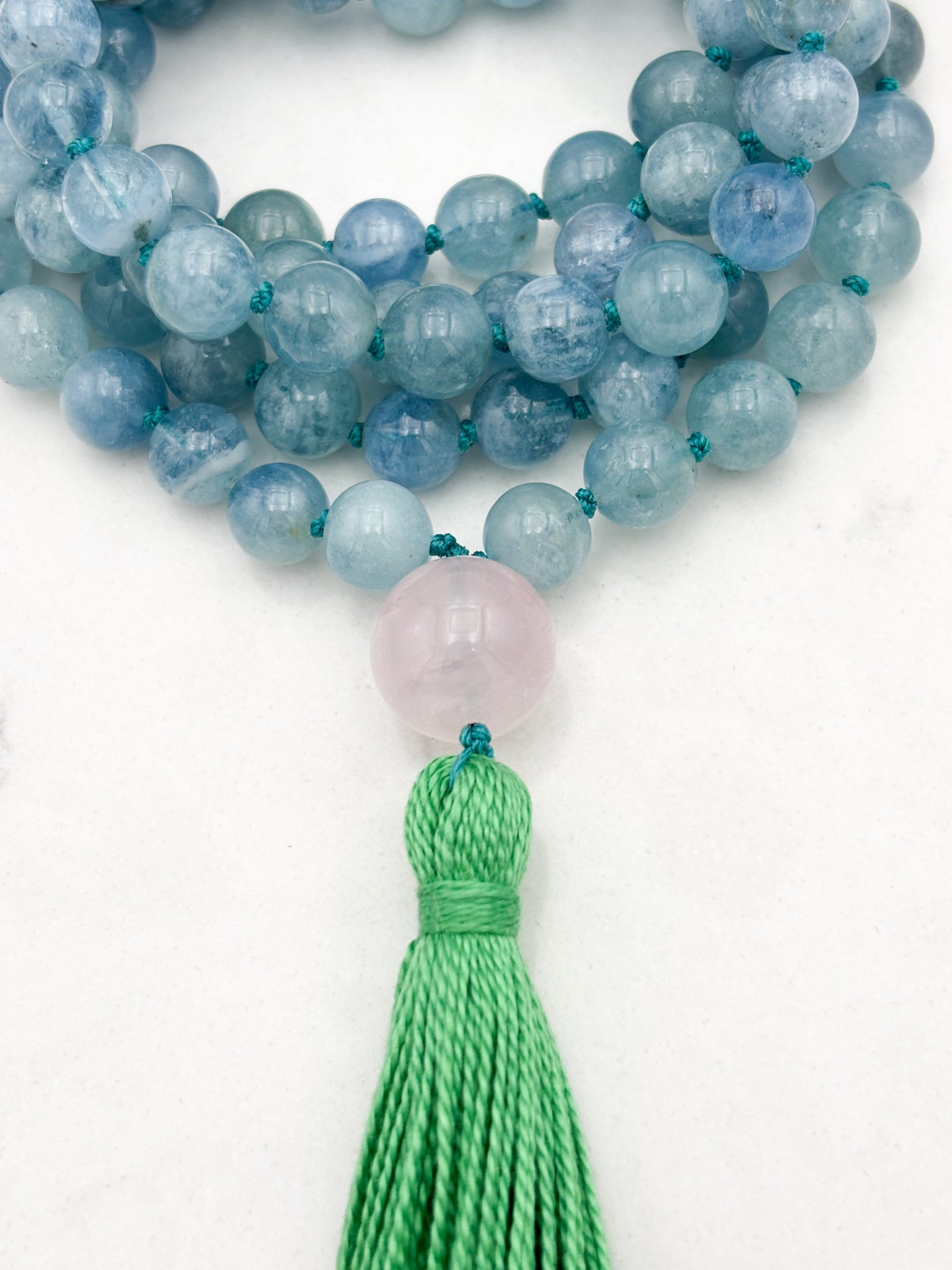 aquamarine gemstone mala with rose quartz guru bead and green tassel | radiant malas | handmade in boulder, colorado