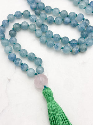 aquamarine gemstone mala with rose quartz guru bead and green tassel | radiant malas | handmade in boulder, colorado