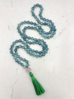 aquamarine gemstone mala with rose quartz guru bead and green tassel | radiant malas | handmade in boulder, colorado
