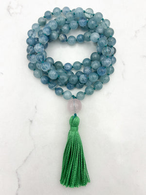 aquamarine gemstone mala with rose quartz guru bead and green tassel | radiant malas | handmade in boulder, colorado