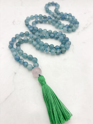 aquamarine gemstone mala with rose quartz guru bead and green tassel | radiant malas | handmade in boulder, colorado