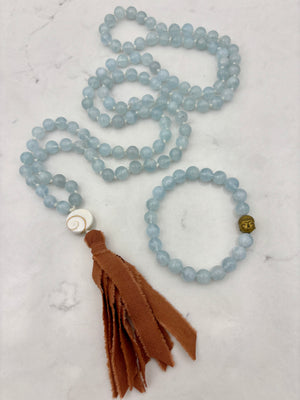 aquamarine gemstone mala necklace with silk tassel | radiant malas | handmade in boulder, colorado