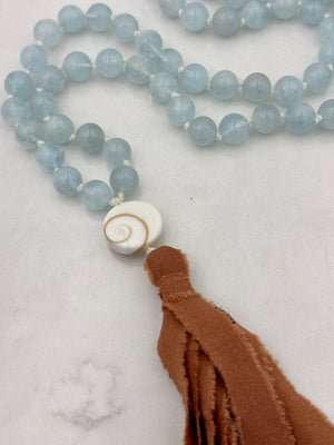 aquamarine gemstone mala necklace with silk tassel | radiant malas | handmade in boulder, colorado