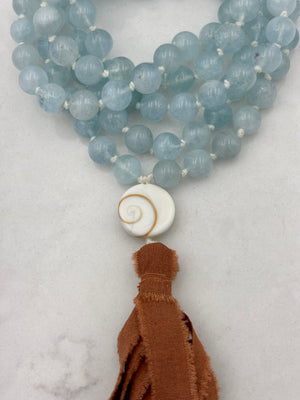 aquamarine gemstone mala necklace with silk tassel | radiant malas | handmade in boulder, colorado