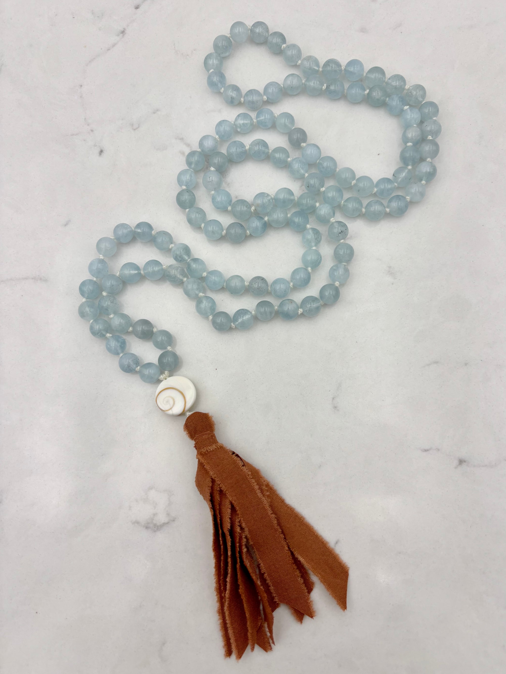 aquamarine gemstone mala necklace with silk tassel | radiant malas | handmade in boulder, colorado